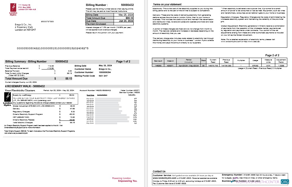 Download Canada Ontario London Hydro business utility bill Word and PDF template Photoshop template
